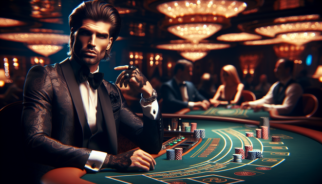 alt_text: A glamorous rockstar gambler at a baccarat table, exuding confidence in a luxurious casino setting.