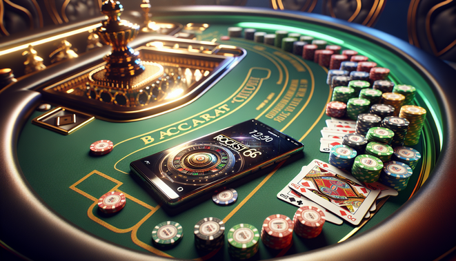 Cinematic cover: baccarat table, chips, cards, and a phone showing 'rockstar66'; luxurious lighting.