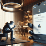 "Smartphone shows 'rockstar66' app error; user frustrated in a modern home setting. Dramatic lighting."