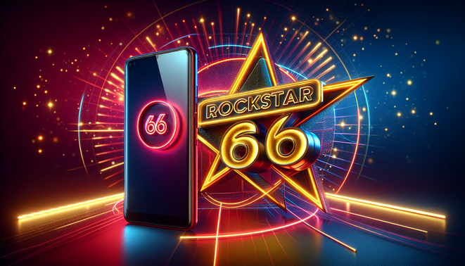 alt_text: Photorealistic banner for 'rockstar66' promotion featuring a modern smartphone, gold-red sign, and neon backdrop.