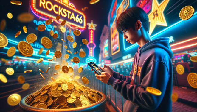 alt_text: Young Thai player showing Rockstar66 app on phone, coins bursting out, vibrant neon casino background.